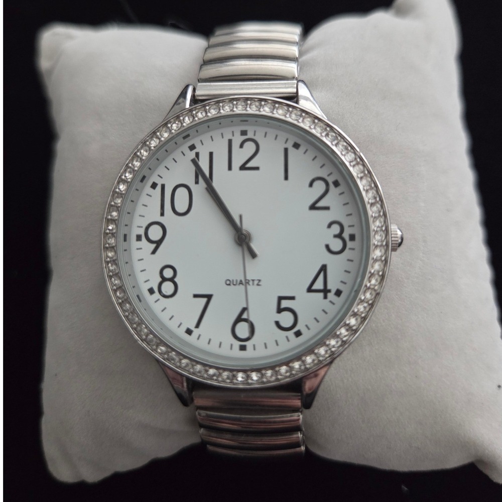 VTG Silver Tone Quartz Watch‎ Rhinestone Bezel Expansion Band White Dial BP4